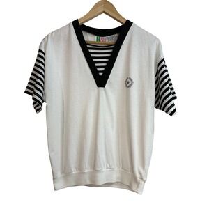 Bold‎ Spirit Women's V Neck Striped Sleeve T Shirt White Black Size S Casual 80s